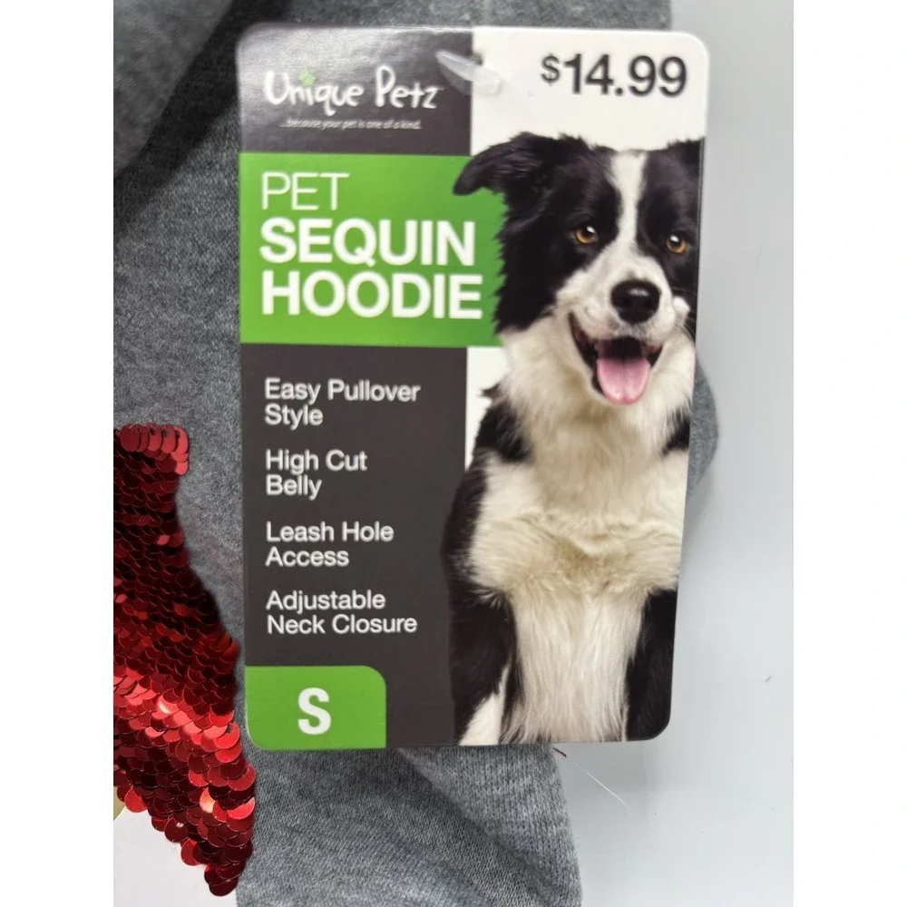 NWT Gray Pet Christmas Gnome Sequin Hoodie w Leash Hole Access - Size‎ Small